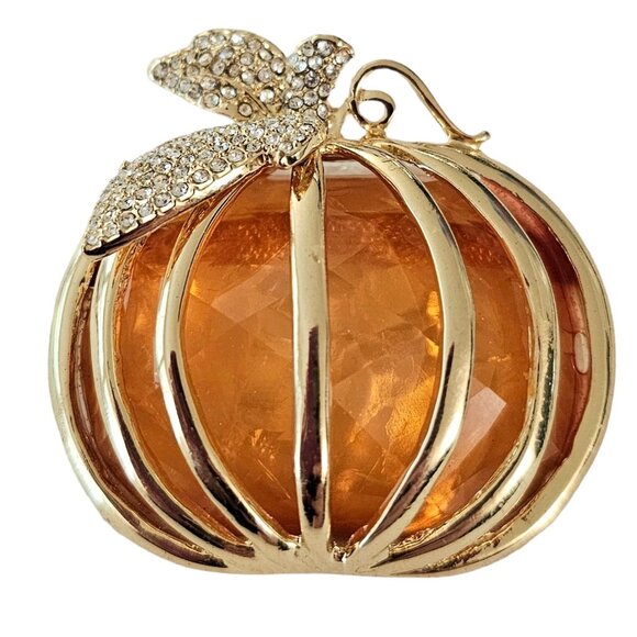 Napier Gold-Tone Caged Orange Resin Pumpkin Rhinestone Leaf Brooch Signed, L98 - Picture 1 of 8